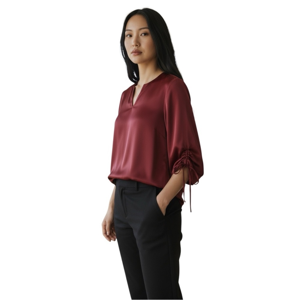 NWT St. John Oxblood Vneck 3/4 Ruched Blouse XS